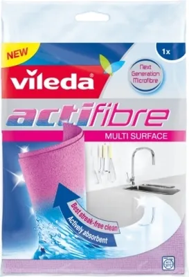 Packaging for a Vileda Actifibre multi-surface cleaning cloth.