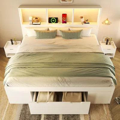Produktbild von MODFU Jugendbett 140 x 190 Funktionsbett mit Schublade,Doppelbett Bettrahmen mit 2 beweglichen Nachttischen,Stauraumbett ohne Matratze,Weiß