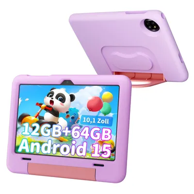 A purple tablet with a pink kickstand and a screen displaying cartoon characters and product specifications.