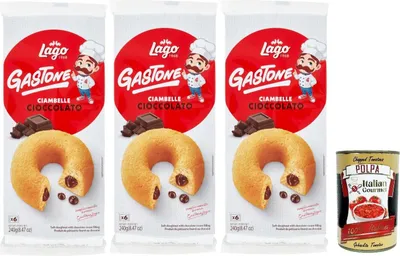 Produktbild von Lago 1968, Le Merende di Ciambelle al cioccolato 3x 240g, Donuts mit Schokolade, Einzeln verpackte, weiche Snacks, ohne Palmöl + Italian Gourmet polpa 400g