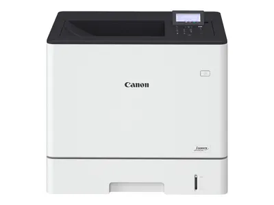 A studio shot of a white and black Canon i-SENSYS LBP722Cdw color laser printer against a white background.