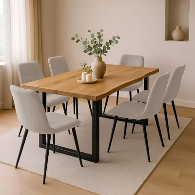 Produktbild von 7 TLG. Essgruppe Josy | 140 x 80 cm | Holz Wildeiche-Optik | Stuhl Set Susi Creme | U-Gestell Schwarz | Esstisch mit 6 Stühlen | Esszimmertisch/Küchentisch/Holztisch | Esszimmer