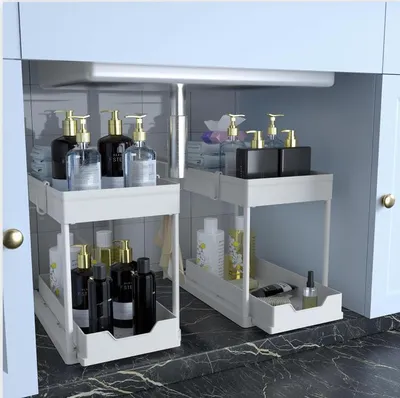 Produktbild von Küchen Organizer, 2 Unter Waschbecken Regal, Schrank Küchenorganizer mit 4 Haken, Schrankkorb für Küche, Bad(weiß)