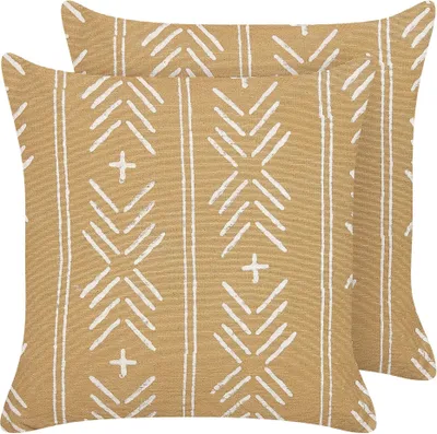 Produktbild von BELIANI Dekokissen 2er Set Sandbeige und Weiß Baumwolle 45 x 45 cm Bezug mit Füllung Reißverschluss Geometrisches Muster Boho Wohnzimmer Schlafzimmer