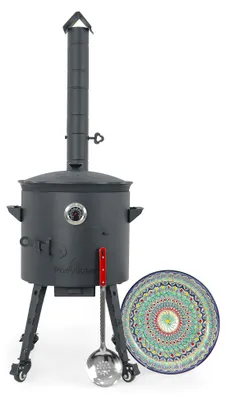 Produktbild von Utschak Feuerofen Ø 40 cm + Gusseisen-Kasan 12 L, runder Boden + Küchenzubehör, Usbekischer Kochtopf aus Gusseisen