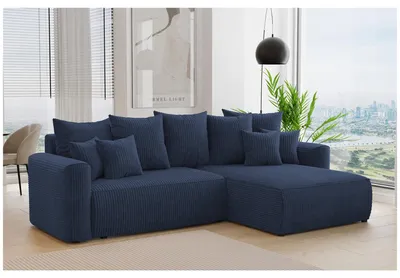 Produktbild von MEBLINI Schlafcouch mit Bettkasten - 260x160x78cm - Blau Cordstoff - BALI - Kleines Ecksofa mit Schlaffunktion - Sofa mit Relaxfunktion und Kissen - Kleine Couch L-Form - Eckcouch