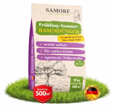Produktbild von 10 kg Rasendünger Frühjahr/Sommer für einen gesunden Rasen verdrängt Moos ideal für Frühjahr und Sommer geeignet für Streuwagen staubarmes Granulat