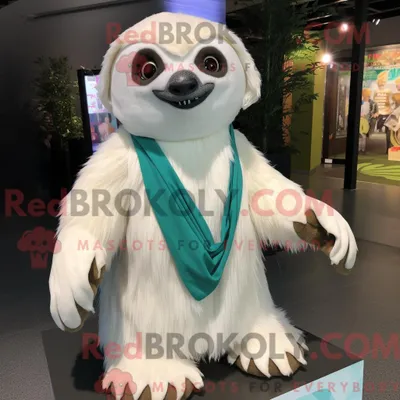 Produktbild von Maskottchenfigur REDBROKOLY eines weißen Faultiers mit Midikleid und Schalklammern