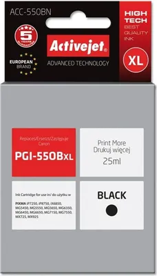 Obrázek produktu pro Activejet Inkoust ACC-550BN (náhrada za Canon PGI-550BK; Supreme; 25 ml; černý), Vysoká (XL) výtěžnost, Černá, Inkoust na pigmentové bázi, 25 ml, 1 kusů, Balení po jednom