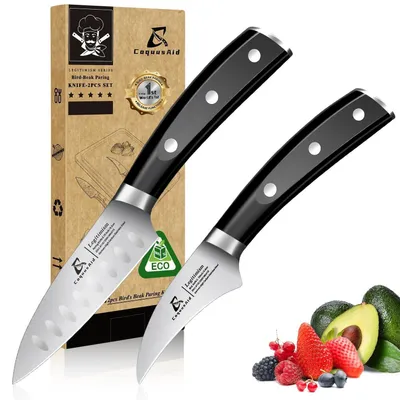Produktbild von 2-teiliges Schälmesserset mit Vogelschnabelklinge, 9,7 & 7 cm, deutscher Edelstahl, ergonomischer Griff, schwarz