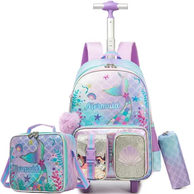 Produktbild von Rucksack Trolley mit 2 Rollen, Handgepäck, Schultrolley, Kinderrucksack, Blau Lila Meerjungfrau, 24L