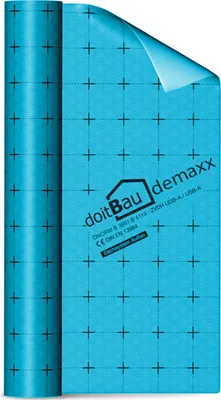 A roll of blue building membrane with a grid pattern and text printed on it.