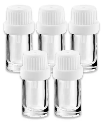 Produktbild von 5x Klarglasflasche 5 ml mit weißem Tropfer Tropfen Probefläschchen Set
