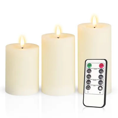 Produktbild von Meisterhome® 3er-Set Flammenlose LED Kerzen Rustik mit Timer Elfenbein Stumpenkerze Fernbedienung Batteriebetrieben Warmweiß echten Wachs Dekoration