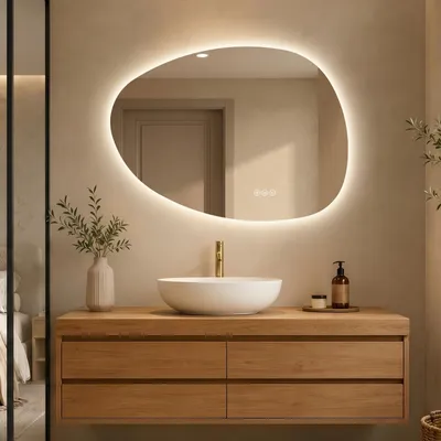 Image de S'AFIELINA Miroir de salle de bain, Interrupteur LED tactile, Asymétrique, 3 couleurs de lumière réglables, anti-buée et fonction mémoire, 75×55cm