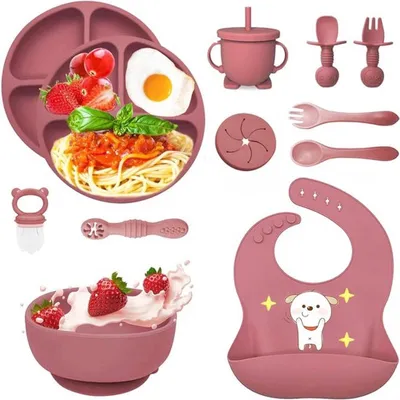 Complete Baby Essset 12-teilig, Antirutsch Silikon Kindergeschirr mit Saugnapf, Teller, Schüssel, Besteck, Lätzchen und