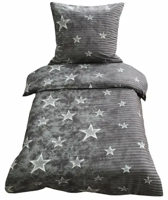 Produktbild von 2 tlg Bettwäsche 155x200 Mikrofaser Bettbezug n Garnitur Set Sterne Streifen Galaxy Grau