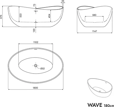 Produktbild von Freistehende Badewanne WAVE - Acryl - Weiß - 180 x 115 x 68 cm - Oberfläche wählbar, Farbe:Weiß matt