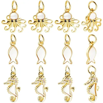 12er-Set Ozean-Anhänger, 18K vergoldet, Muscheln, Seepferdchen, Oktopus