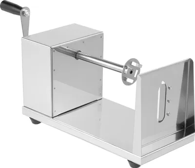 A stainless steel potato twister or spiralizer is shown on a white background.