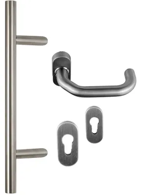 Produktbild von Edelstahl Haustür Griff- Beschlag- Set in verschiedenen Längen Art.Nr.:101.1021 Maß L:350/ Maß B:210mm