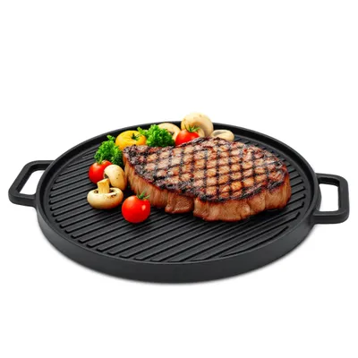Produktbild von Gusseisen Grillplatte - 30 cm - Guss Pfanne mit Griffen - Grill Zubehör eingebrannt emailliert