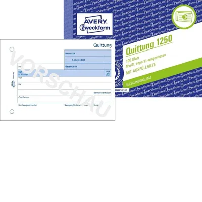 Immagine prodotto di Avery Zweckform® 1250 Ricevuta IVA mostrata separatamente - A6 orizzontale, MP, a prova di falsificazione, 100 fogli, bianco