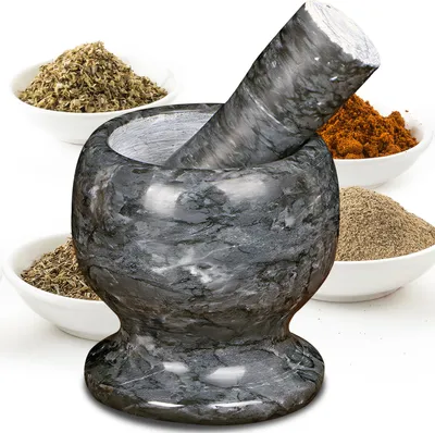 Image de Mortier XXL Ø 11 cm avec pilon, en marbre, mortier à épices, broyeur d'épices, pesto, râpe à épices, broyeur d'herbes, mortier en pierre, pilon, Retoo