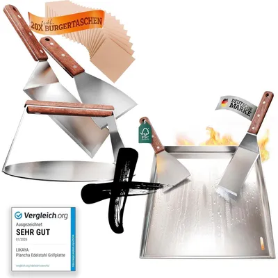 Obrázek produktu pro Nerezová grilovací deska "plancha" o rozměrech 40x40 cm, včetně sady na přípravu burgerů a 4 grilovacími špachtlemi