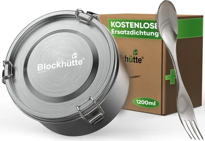 Produktbild von Blockhütte Edelstahl Brotdose Rund 1200ml - Auslaufsichere Bowl to Go Lunchbox mit Göffel & Ersatzdichtung, BPA-freie Salatbox, Spülmaschinenfest,