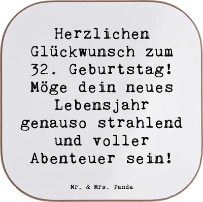 Produktbild von Mr. & Mrs. Panda Holzuntersetzer Spruch 32. Geburtstag Abenteuer - Weiß - Geschenk, Untersetzer für Gläser, Tassenuntersetzer, Happy Birthday, Freude, Glückwunsch