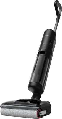 A black and gray electric broom is shown against a white background.