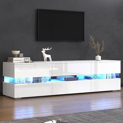 Productafbeelding van Hoogglanzkast met LED-verlichting, tv-tafel met 2 deuren en 1 lade, transparante displaystandaard, tv-meubel voor 70-inch televisies, tv-kast/dressoir voor de woonkamer, 160 cm, wit