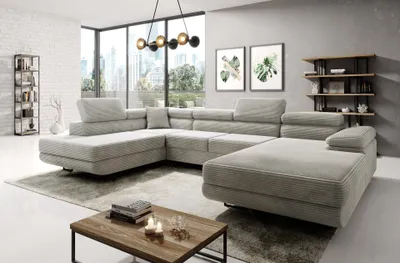 Produktbild von Easy4You Creme Ecksofa Varberg Kord in U-Form 345 x 72 x 205 cm mit Schlaffunktion und Bettzeugbehälter - Schlafsofa mit Bettkasten - Links - Eckcouch mit Stauraum - Stoff: Kord Poso 100