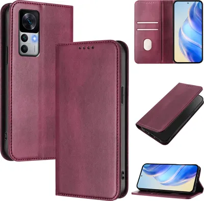 Image de Etui pour Xiaomi 12T / 12T Pro, étui en cuir vintage avec protection RFID, fentes pour cartes, support Rouge
