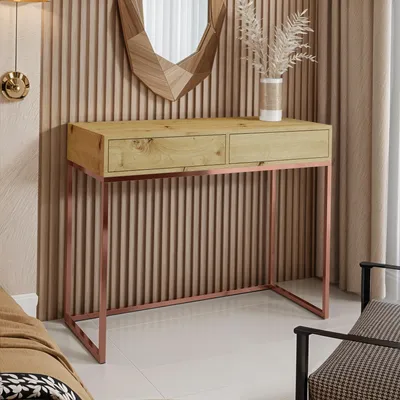 Produktbild von AX LIVING Moderner Schminktisch Lortie 80 Eiche kupferfarbenes Gestell