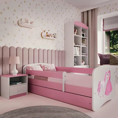 Produktbild von Kinderbett Rosa 70x140 80x160 80x180 cm – mit Matratze, Rausfallschutz und Schublade – Jugendbett für Mädchen – Stabil und Sicher – Prinzessin und Pferd – 140x70 cm