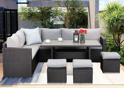 Produktbild von MeXo von GLP HOME Gartenlounge-Set Wetterfest Polyrattan Sitzgruppe Gartenmöbel-Set für 6-10 Personen, (Gartengarnitur, Loungeset mit Kissen, 2-Sitzer, Ecksofa, Esstisch, 3 Hocker), Essgruppe für Terrasse Garten Lounge Balkon Indoor Outdoor