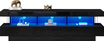 Produktbild von Merax TV-Schrank mit Schubladen und offenen Fächern, Lowboard hochglänzend, Fernsehtisch mit LED inkl. APP, TV-Ständer, 160x38x50.5cm, Schwarz