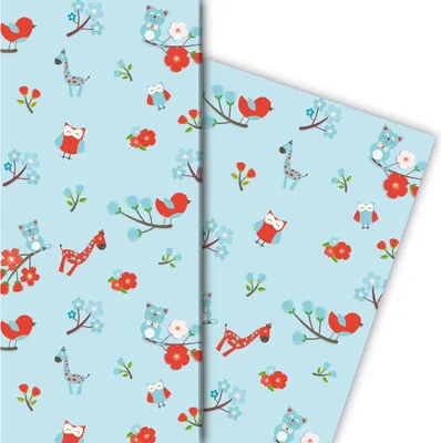 Produktbild von Süßes Kinder-Baby Geschenkpapier mit Eulen, Katzen, Giraffen, hellblau - G5150, 32 x 48cm