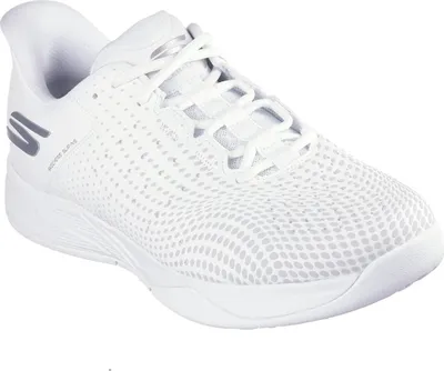 A white athletic shoe is shown from a side-diagonal angle against a white background.