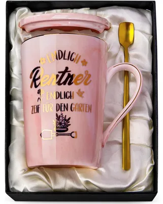 Immagine prodotto di Rentnerin, Tazza da tè da 400 ml, rosa marmorizzato con decorazioni dorate, con coperchio e cucchiaino, confezione regalo