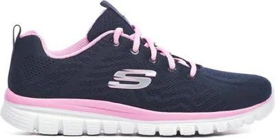 A side view of a navy and pink Skechers sneaker against a white background.