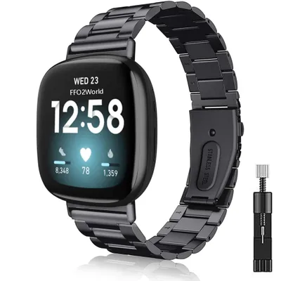 Produktbild von FFO2World Edelstahl Gliederarmband für Fitbit Versa 4/3 & Sense 1/2 – Schwarzes Business Ersatzarmband für Smartwatch