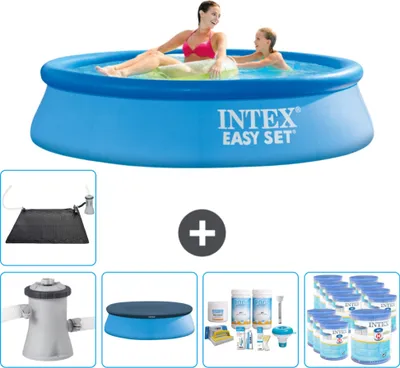 Produktbild von Intex runder aufblasbarer Easy Set-Schwimmpool – 244 x 61 cm – Blau – inklusive Pumpe Abdeckung - Wartungspaket - Filter - Solarmatte