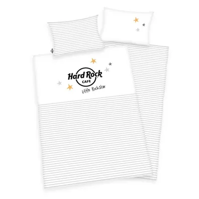 A bedding set with a pillow and duvet cover, featuring a Hard Rock Cafe logo and stars.