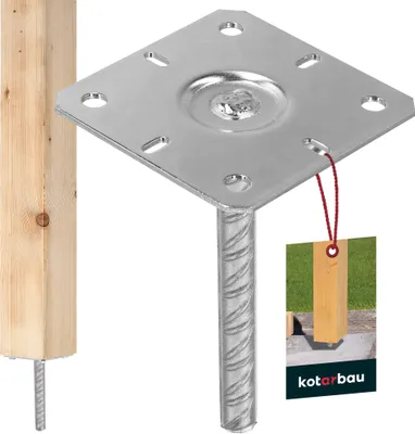 A wooden post is shown next to a metal post anchor with a tag attached.