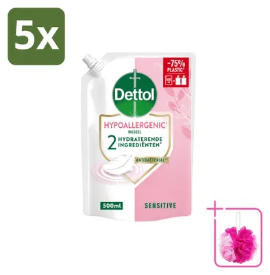Imagen del producto de 5 unidades de recambio de jabón líquido para manos Dettol, hipoalergénico, para piel sensible, 500 ml. Pack ahorro