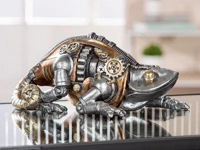 Obrázok produktu pre Gilde Figur, Kameleon, Steampunk Cameleon, Zahnrädermotiv, Kunstharz, silberfarben, VE 2 Höhe: 9.50 cm Breite: 22.00 cm Tiefe: 12.50cm 58719