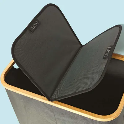 Immagine prodotto di DomoPak Living Cestino per biancheria doppio con telaio in bambù, 90 litri, 54 x 34 x 58,5 cm, contenitore per biancheria separato, bagno, nero, 901056